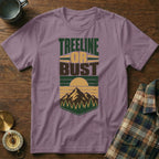 T-shirt with "TREELINE OR BUST" graphic featuring mountains and trees.