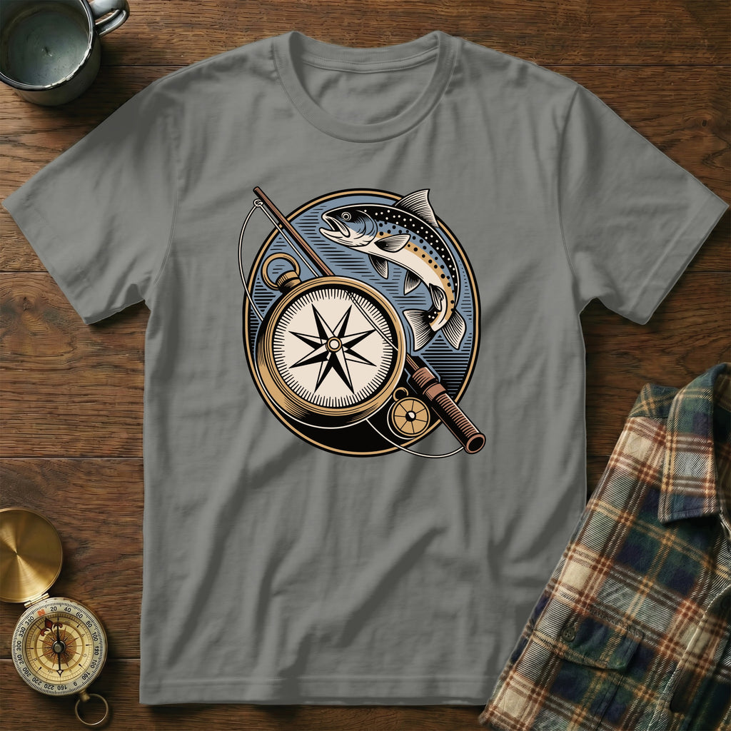 Gray t-shirt with circular fishing and compass graphic featuring a trout.