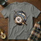Gray t-shirt with circular fishing and compass graphic featuring a trout.