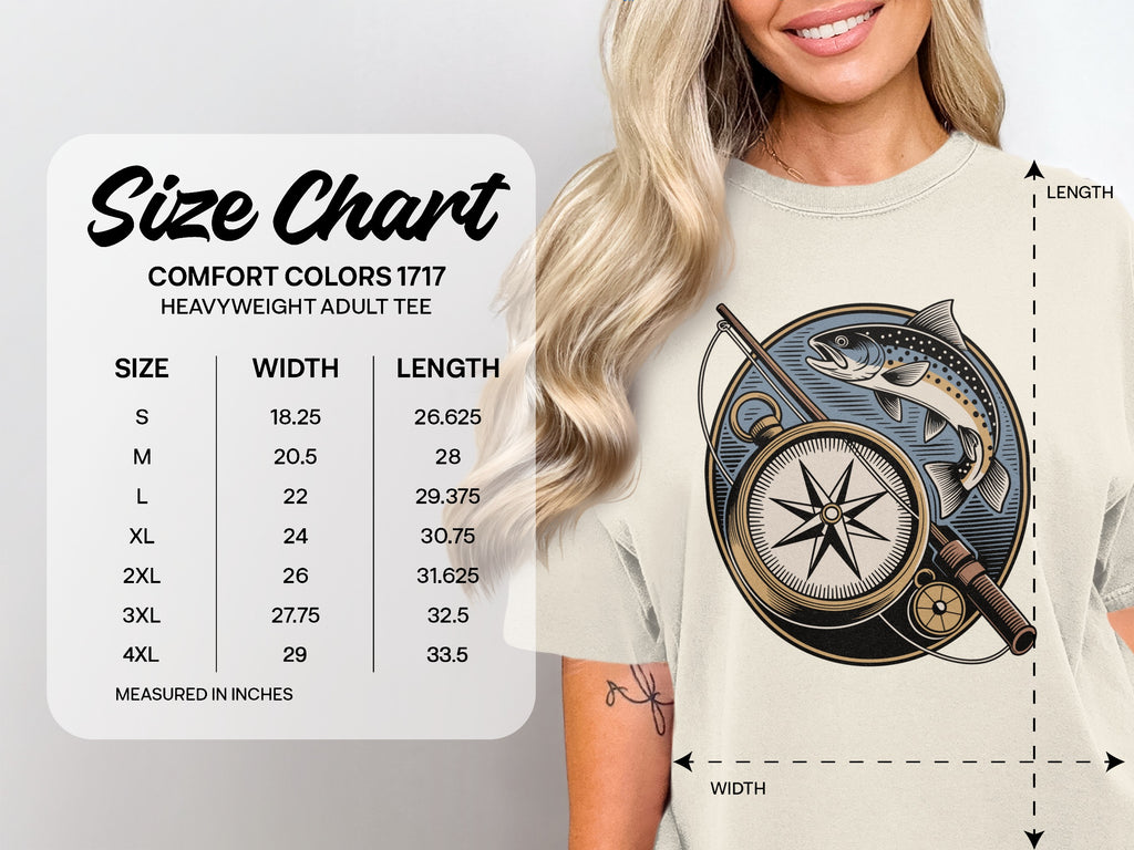 Comfort Colors 1717 heavyweight adult tee size chart with measurements in inches.