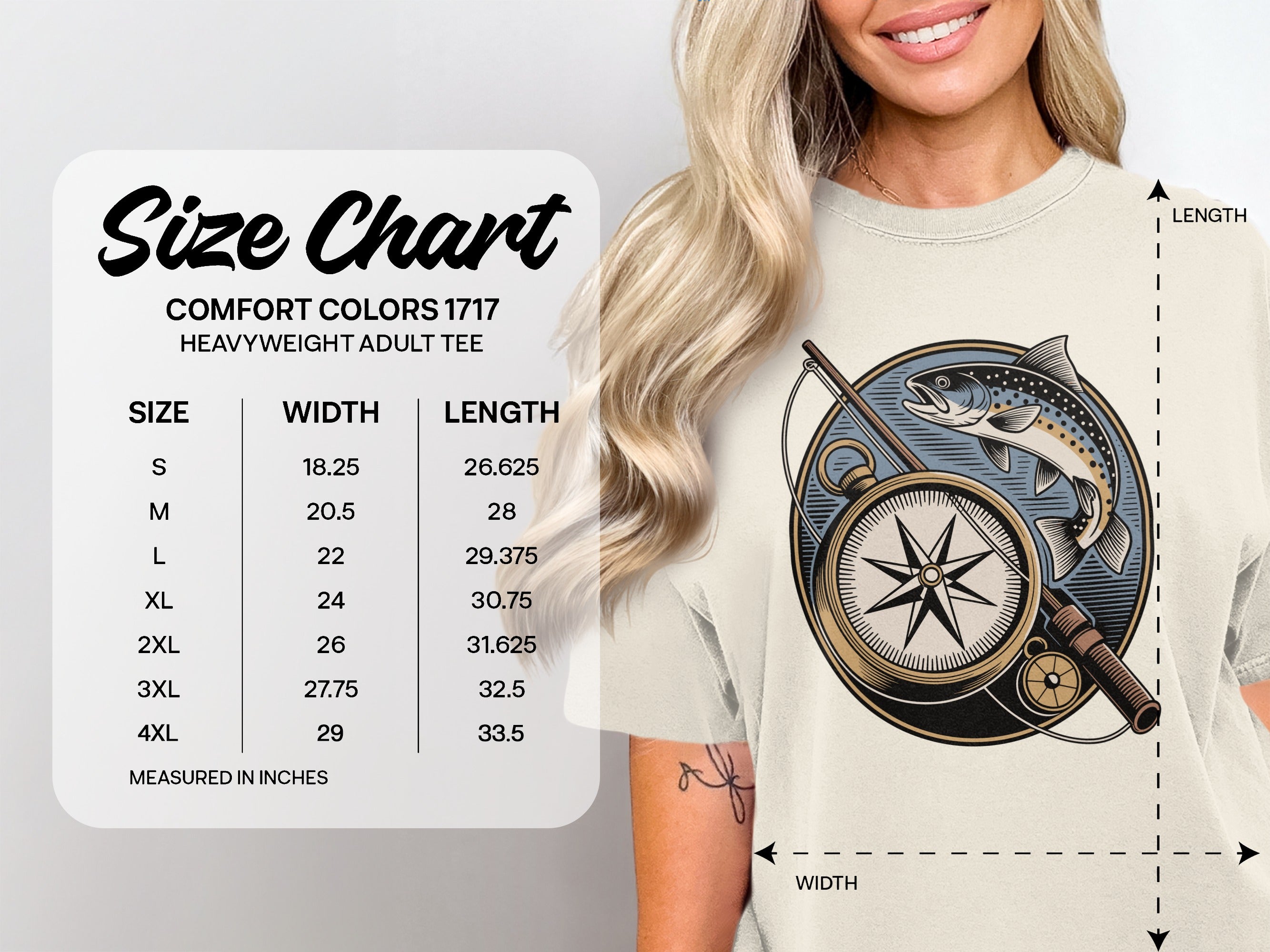 Comfort Colors 1717 heavyweight adult tee size chart with measurements in inches.