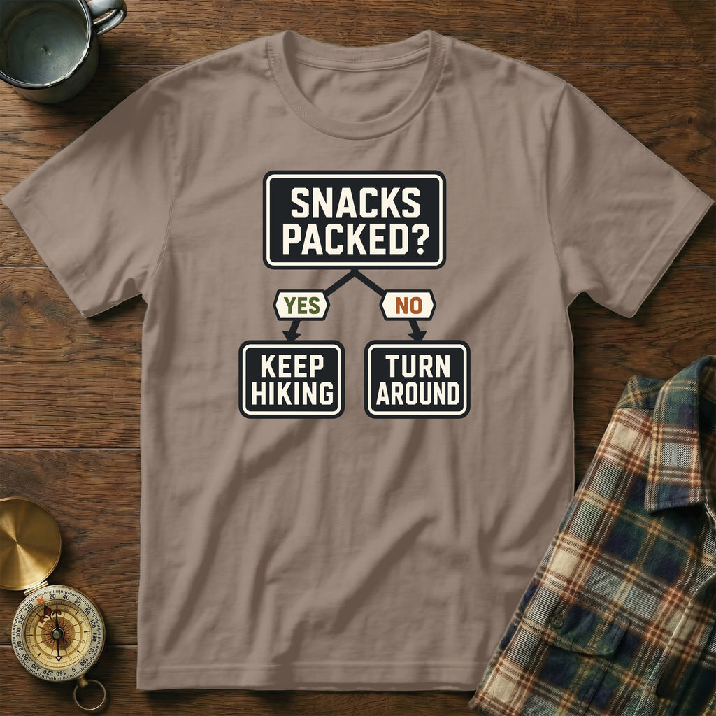 T-shirt with flowchart: "Snacks Packed? Yes: Keep Hiking. No: Turn Around."