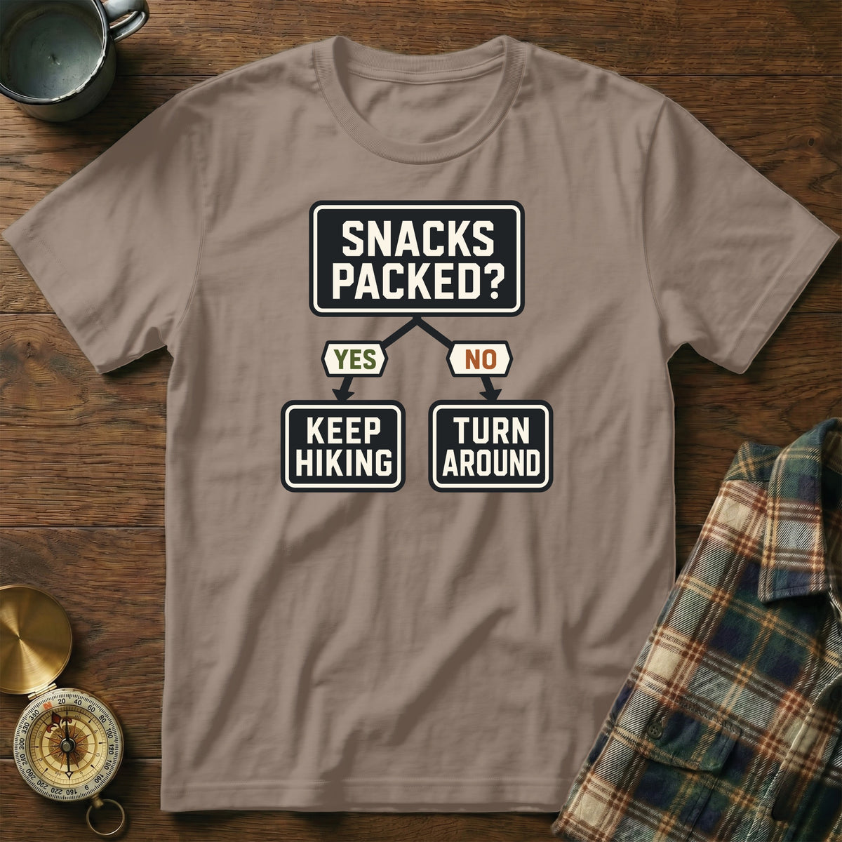 T-shirt with flowchart: "Snacks Packed? Yes: Keep Hiking. No: Turn Around."