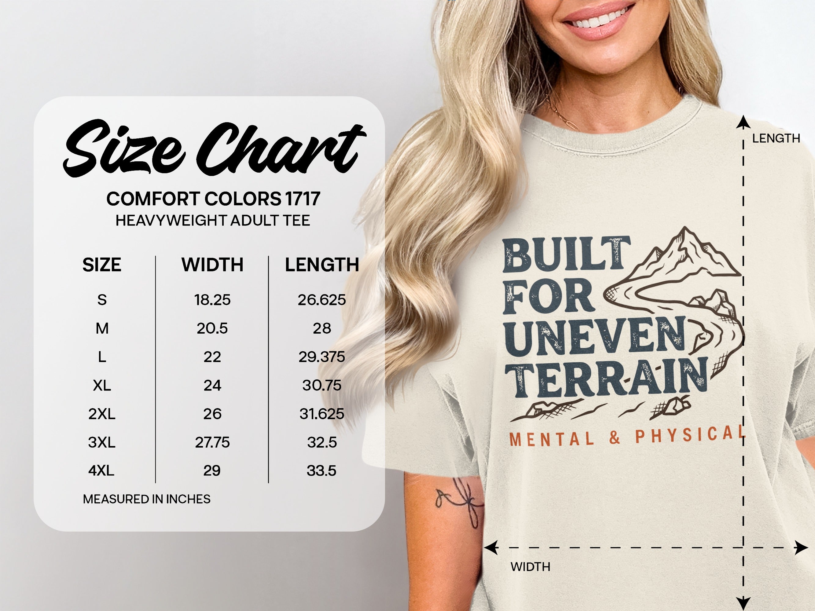 Comfort Colors 1717 heavyweight adult tee size chart with measurements.