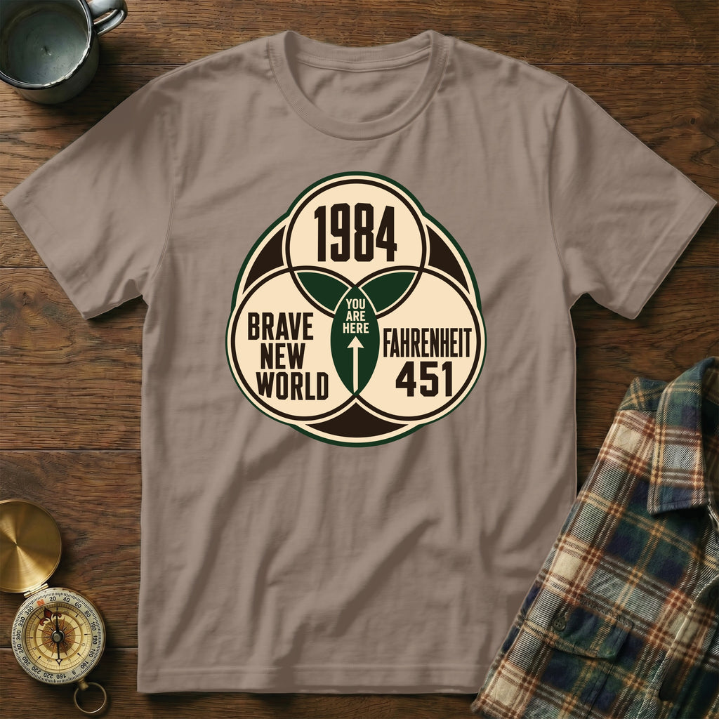 T-shirt with 1984, Brave New World, and Fahrenheit 451 Venn diagram graphic.