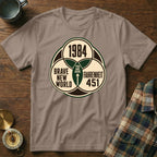 T-shirt with 1984, Brave New World, and Fahrenheit 451 Venn diagram graphic.