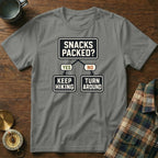 T-shirt with "Snacks Packed?" flowchart leading to "Keep Hiking" or "Turn Around".