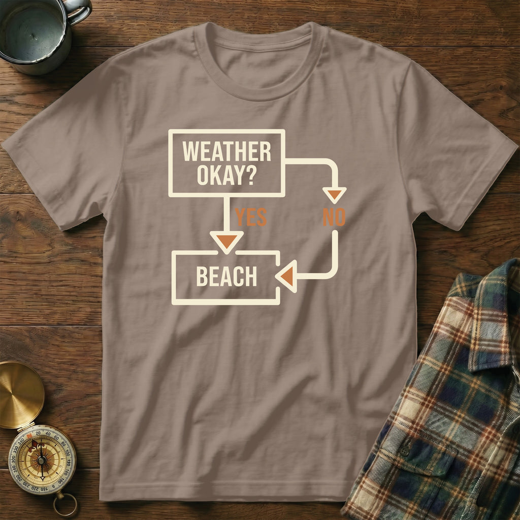 Brown t-shirt with a flowchart asking "Weather Okay?" leading to "Beach" or "No".