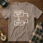 Brown t-shirt with a flowchart asking "Weather Okay?" leading to "Beach" or "No".
