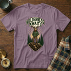 Purple t-shirt with deer in hoodie and text "WILDERNESS AWAITS".