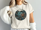 Circular illustration of ocean life with a starfish and waves.