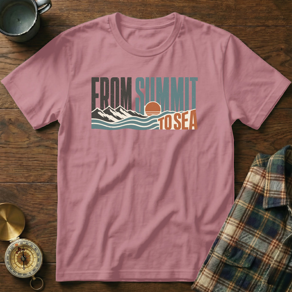 Pink t-shirt with "FROM SUMMIT TO SEA" text and mountain, wave, and sun graphic.