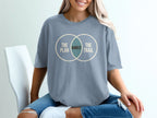 T-shirt with text "The Plan Rarely The Trail" within overlapping circles.