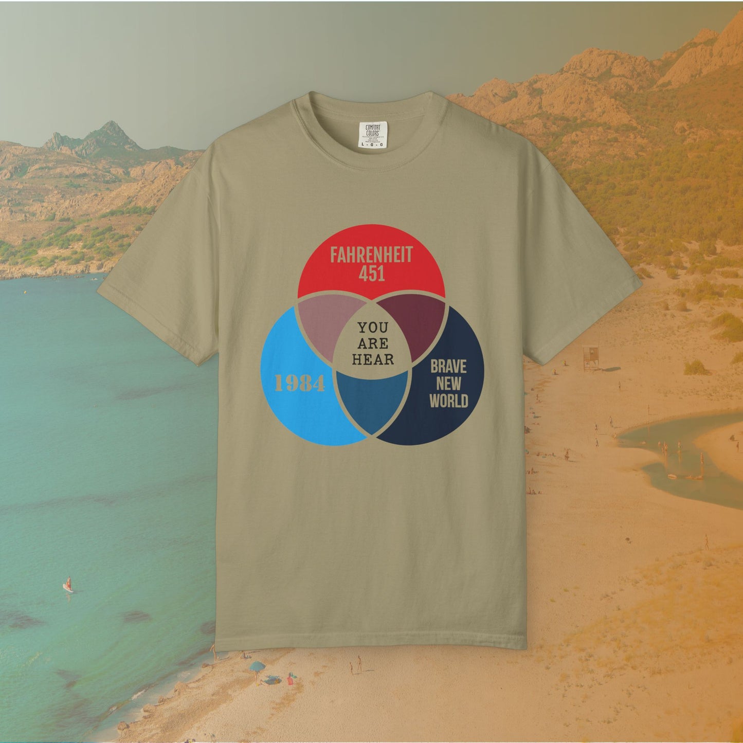 khaki t-shirt A Venn diagram graphic showing three overlapping circles labeled 1984, FAHRENHEIT 451, and BRAVE NEW WORLD. The center intersection where all three meet is labeled "YOU ARE HEAR."