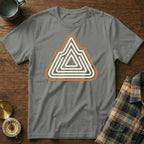 Grey t-shirt with a triangular mountain logo in cream and orange stripes.