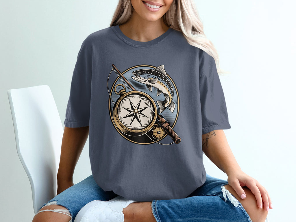 T-shirt with compass, fishing rod, and trout graphic.