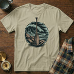 Cream t-shirt with a graphic of a wooden paddle in ocean waves.