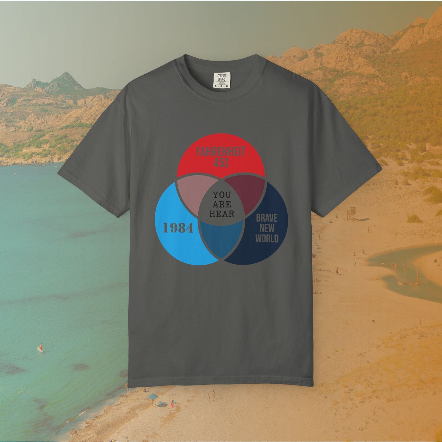 grey t-shirt A Venn diagram graphic showing three overlapping circles labeled 1984, FAHRENHEIT 451, and BRAVE NEW WORLD. The center intersection where all three meet is labeled "YOU ARE HEAR."