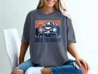 T-shirt with a vintage cassette tape graphic featuring mountains and sun, text reads "CHASE THE HORIZON".