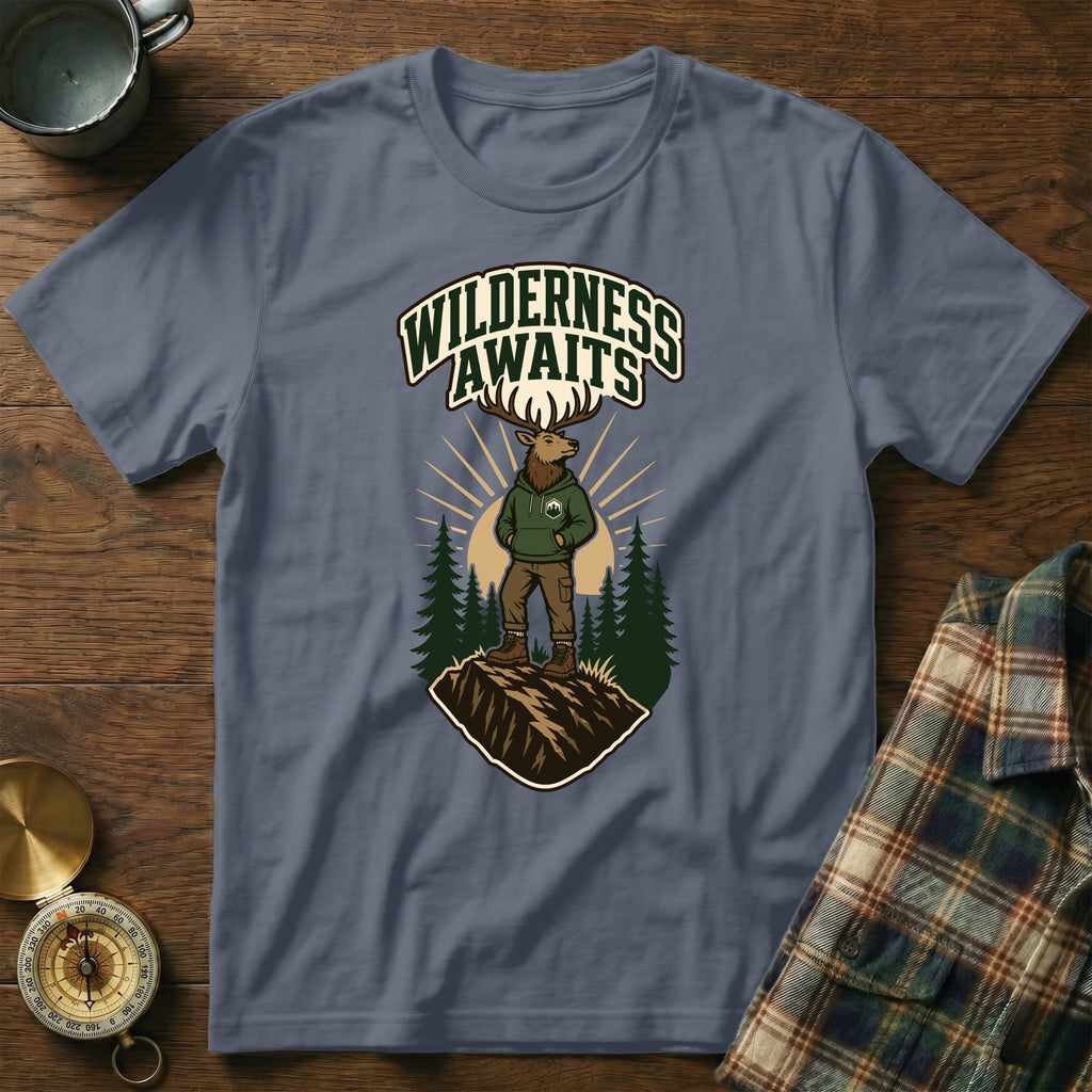 T-shirt with elk graphic and "Wilderness Awaits" text.