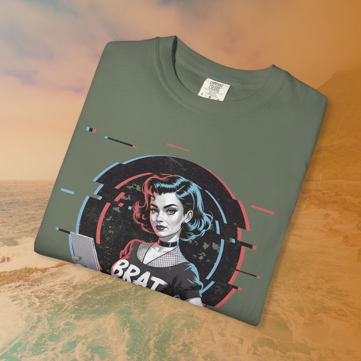 Cyberpunk BRAT Glitch Art Pinup Girl T-Shirt | Retro Pin Up Sassy Slogan Dark Goth