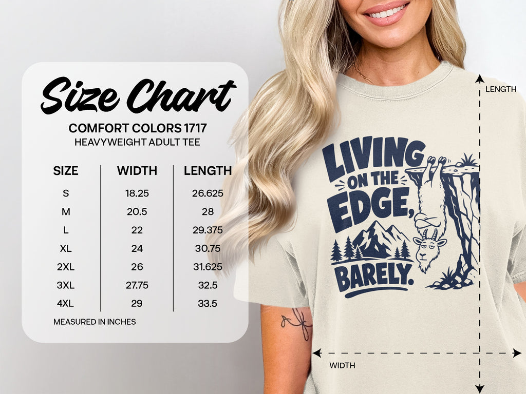 Comfort Colors 1717 size chart for heavyweight adult tee with width and length measurements.