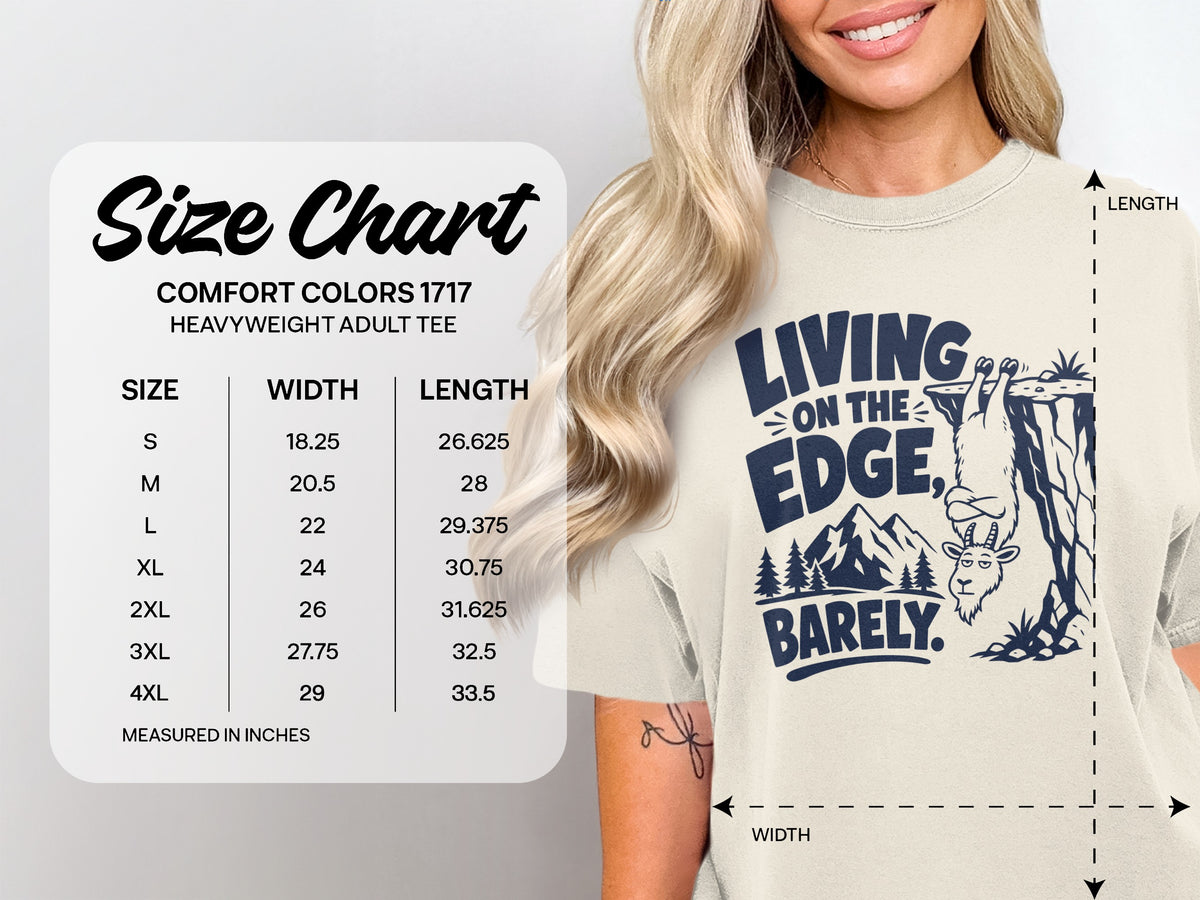 Comfort Colors 1717 size chart for heavyweight adult tee with width and length measurements.
