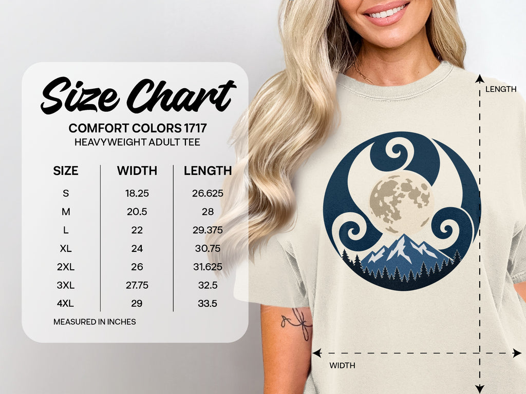 Comfort Colors 1717 heavyweight adult tee size chart with measurements in inches.