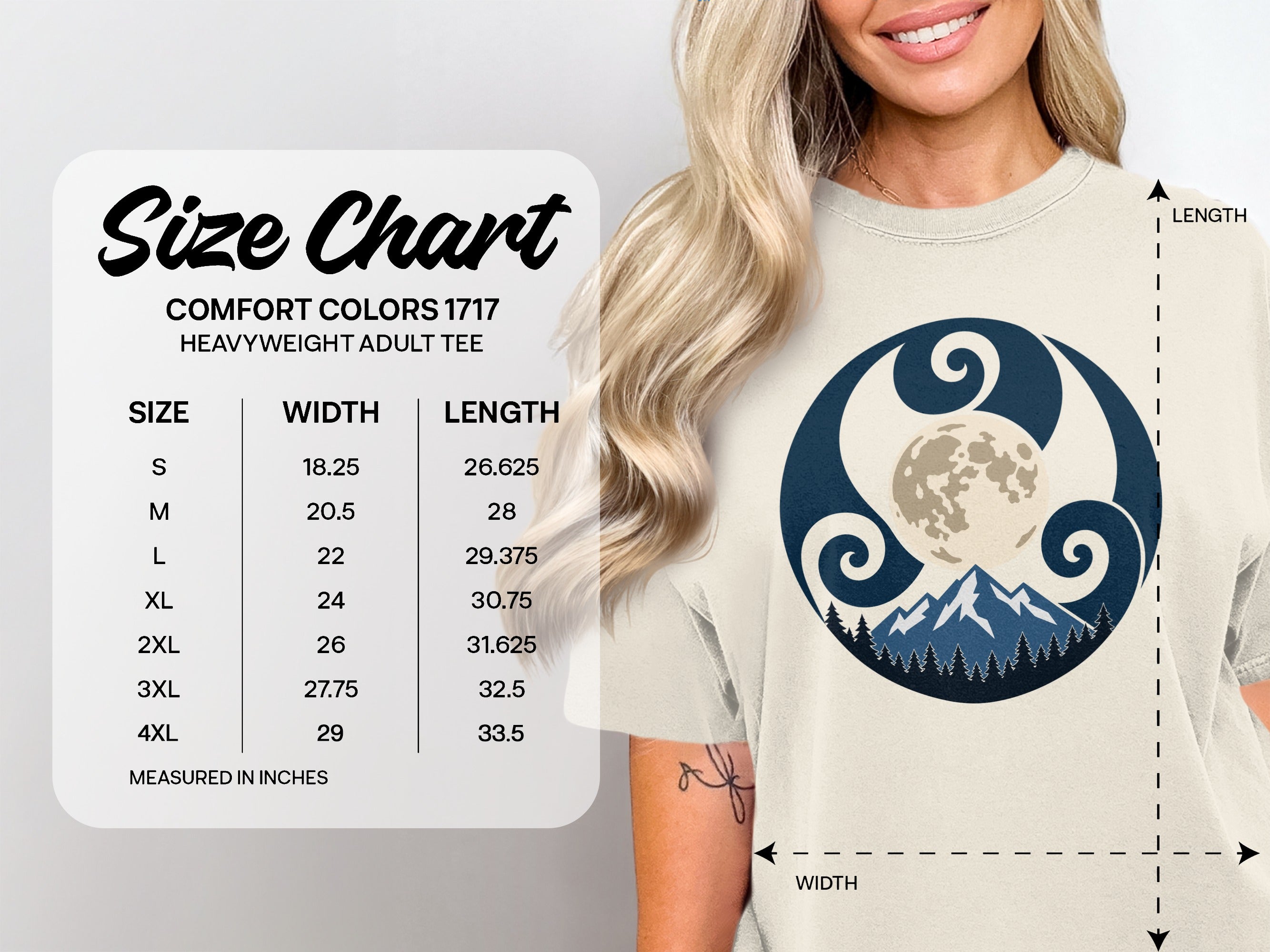 Comfort Colors 1717 heavyweight adult tee size chart with measurements in inches.