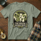Graphic t-shirt featuring an alien taking a selfie with snacks and text "ZERO INVASION. MAXIMUM SNACKS."