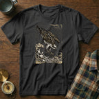 Black t-shirt with a linocut-style osprey diving for fish illustration.