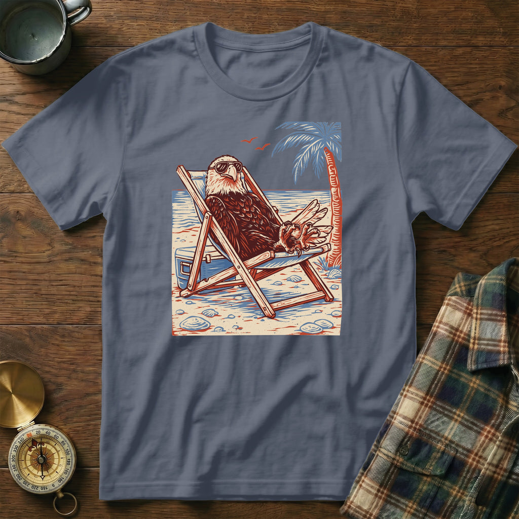 Eagle in sunglasses lounges in a beach chair with a palm tree.