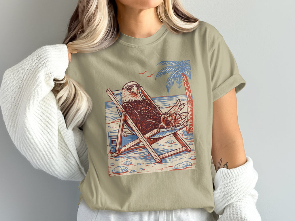 Eagle wearing sunglasses relaxing in a beach chair with palm tree and ocean.