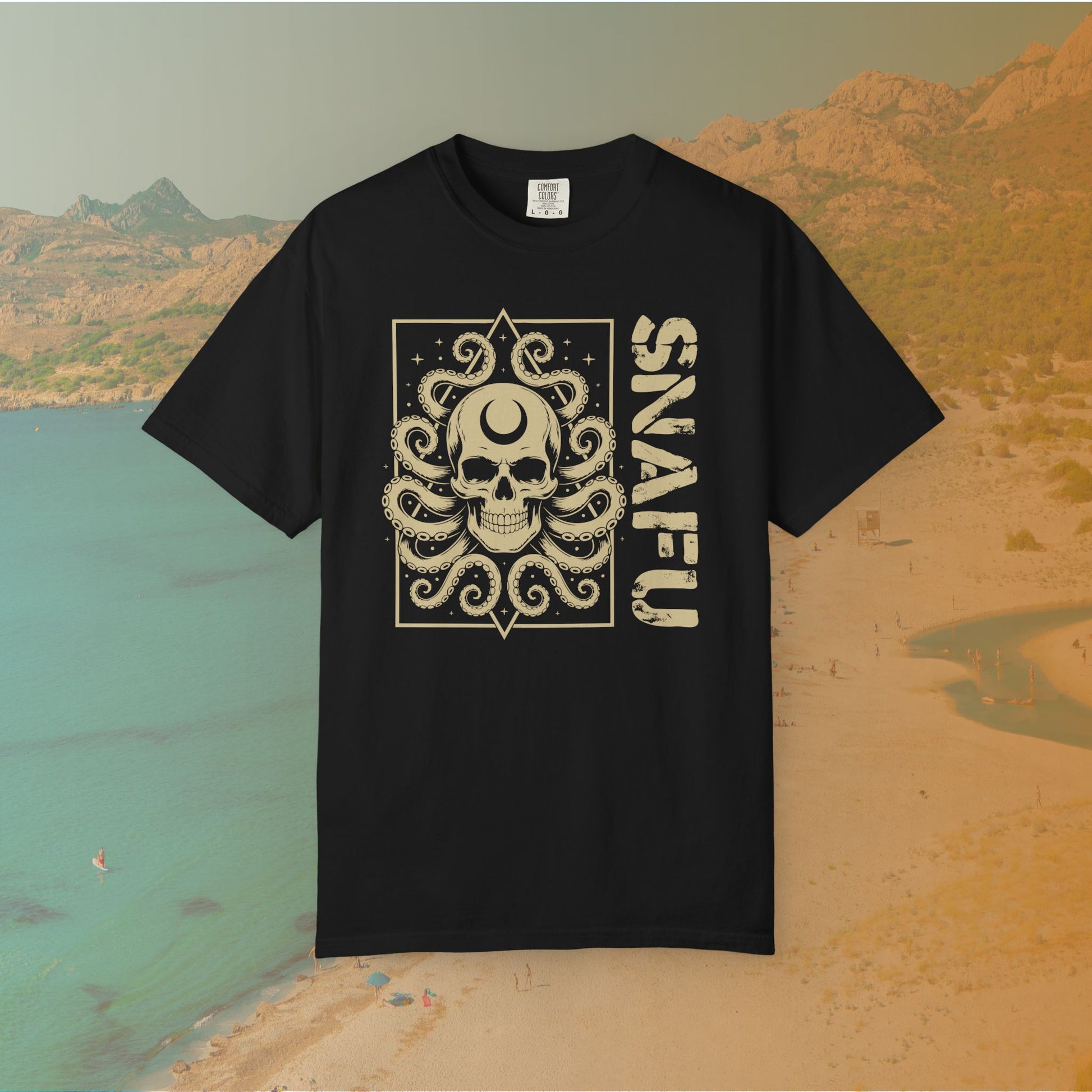 black Graphic T-shirt featuring a detailed skull with a crescent moon on its forehead and octopus tentacles emerging from it, next to the large, distressed text "SNAFU."