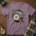 T-shirt design with compass, fishing rod, and trout illustration.