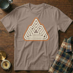 Brown t-shirt with abstract mountain range design in cream and orange.