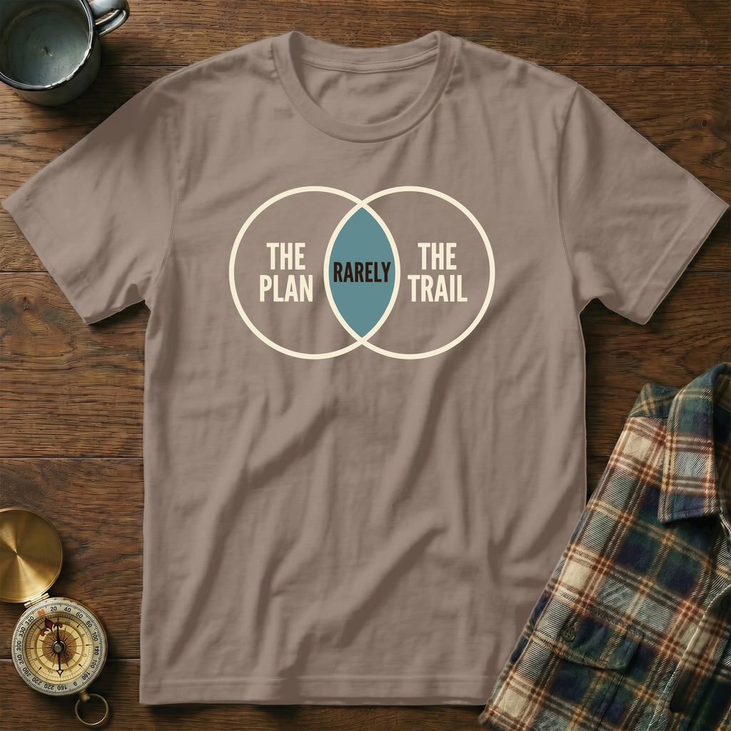 T-shirt with a Venn diagram graphic saying "The Plan", "The Trail", and "Rarely".