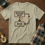 T-shirt with flowchart graphic: Weather okay? Yes to beach, No to elsewhere.