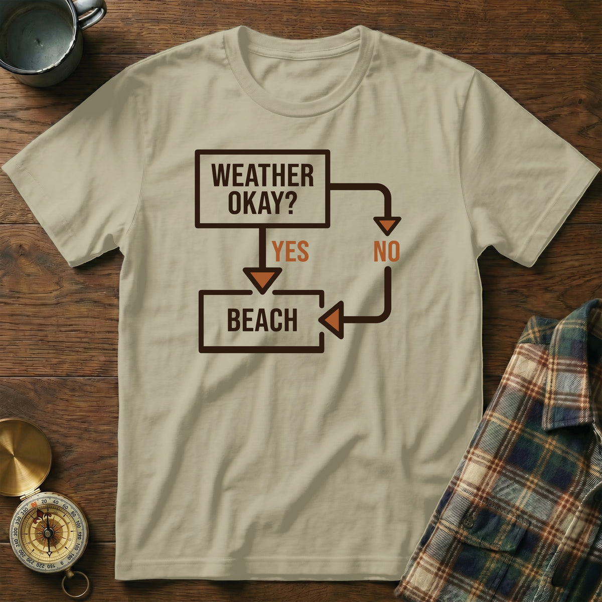 T-shirt with flowchart graphic: Weather okay? Yes to beach, No to elsewhere.