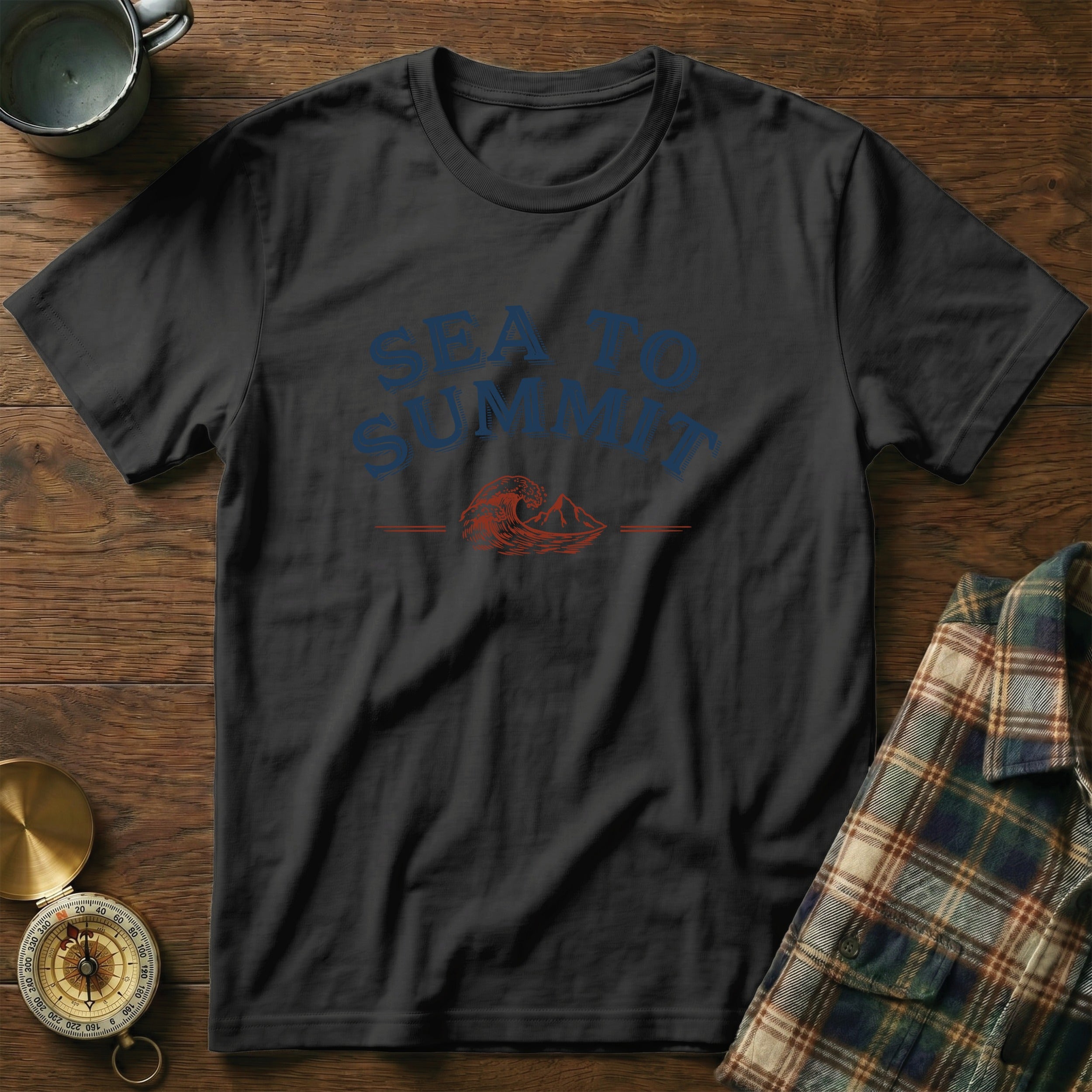 Black t-shirt with "SEA TO SUMMIT" text and wave and mountain graphic.