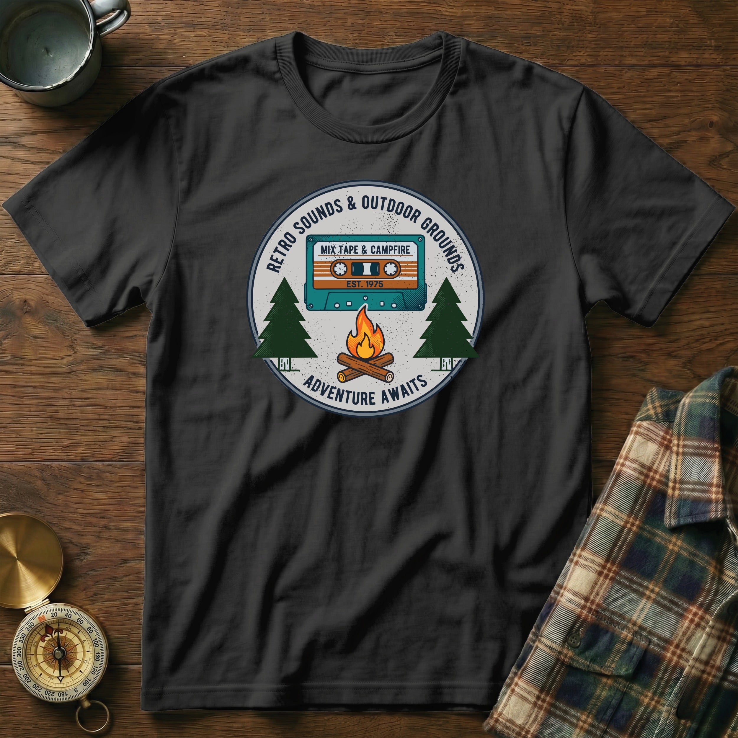 T-shirt graphic with retro cassette, campfire, and "Retro Sounds & Outdoor Grounds" text.