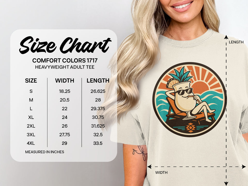 Comfort Colors 1717 heavyweight adult tee size chart with width and length measurements.