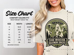Alien with snacks, UFO, mountain, and text "Zero Invasion. Maximum Snacks." Size chart.