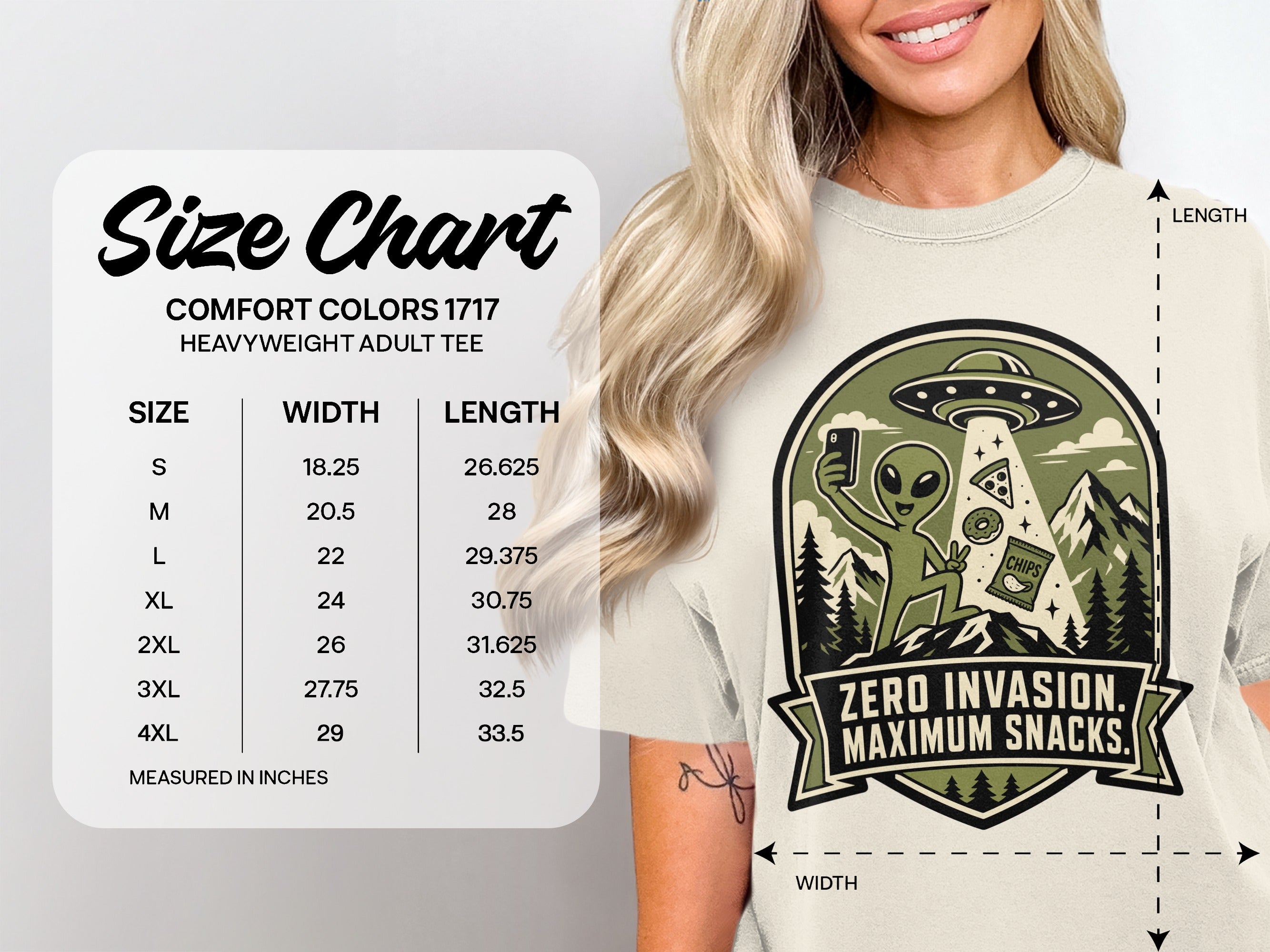 Alien with snacks, UFO, mountain, and text "Zero Invasion. Maximum Snacks." Size chart.