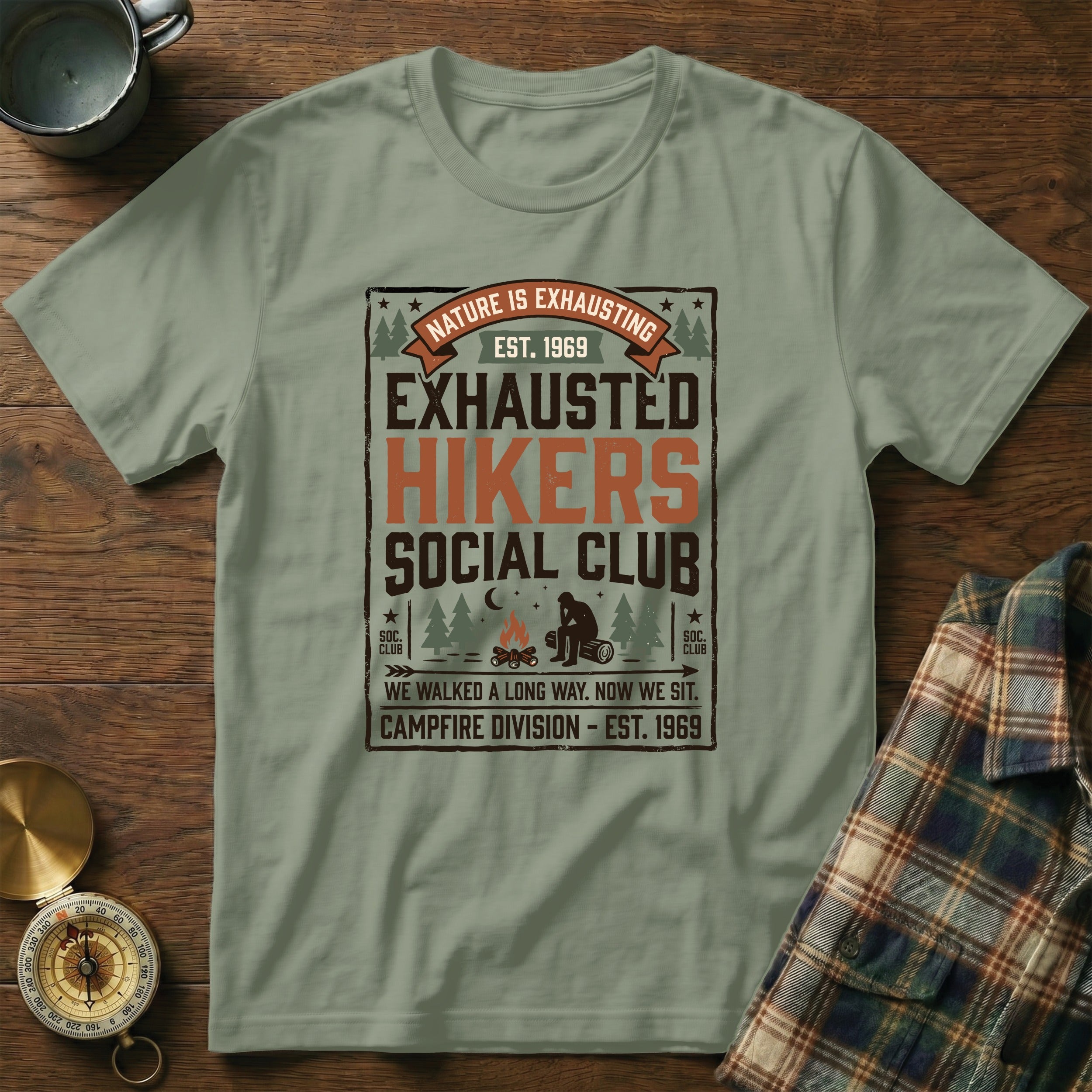 Exhausted Hikers Social Club t-shirt with campfire and text.