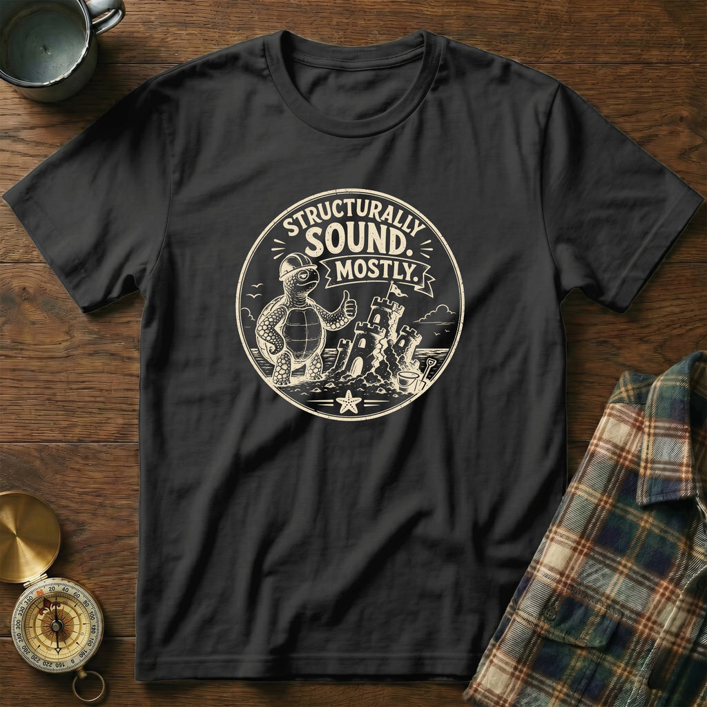 T-shirt with turtle wearing hard hat building a sandcastle; text: Structurally Sound. Mostly.