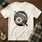 T-shirt graphic of a trout, fishing rod, and compass rose.