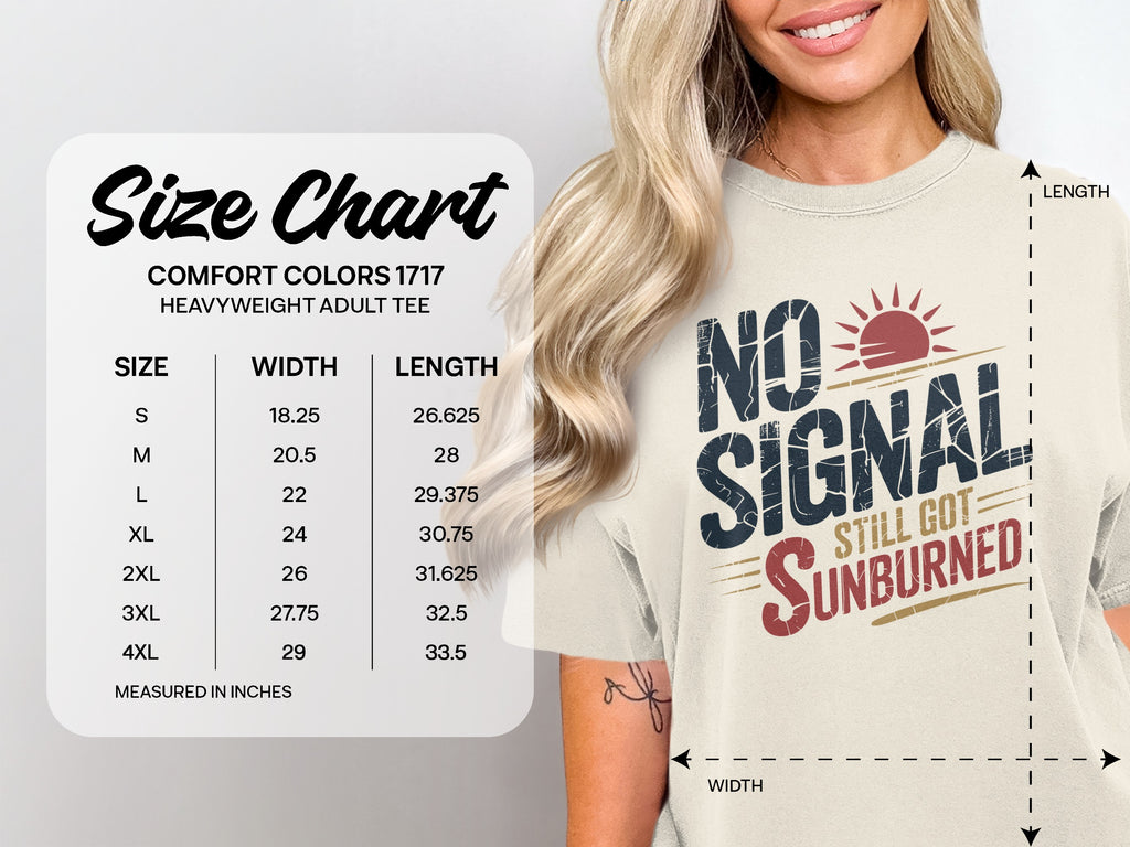Size chart for Comfort Colors heavyweight adult tee with shirt graphic.