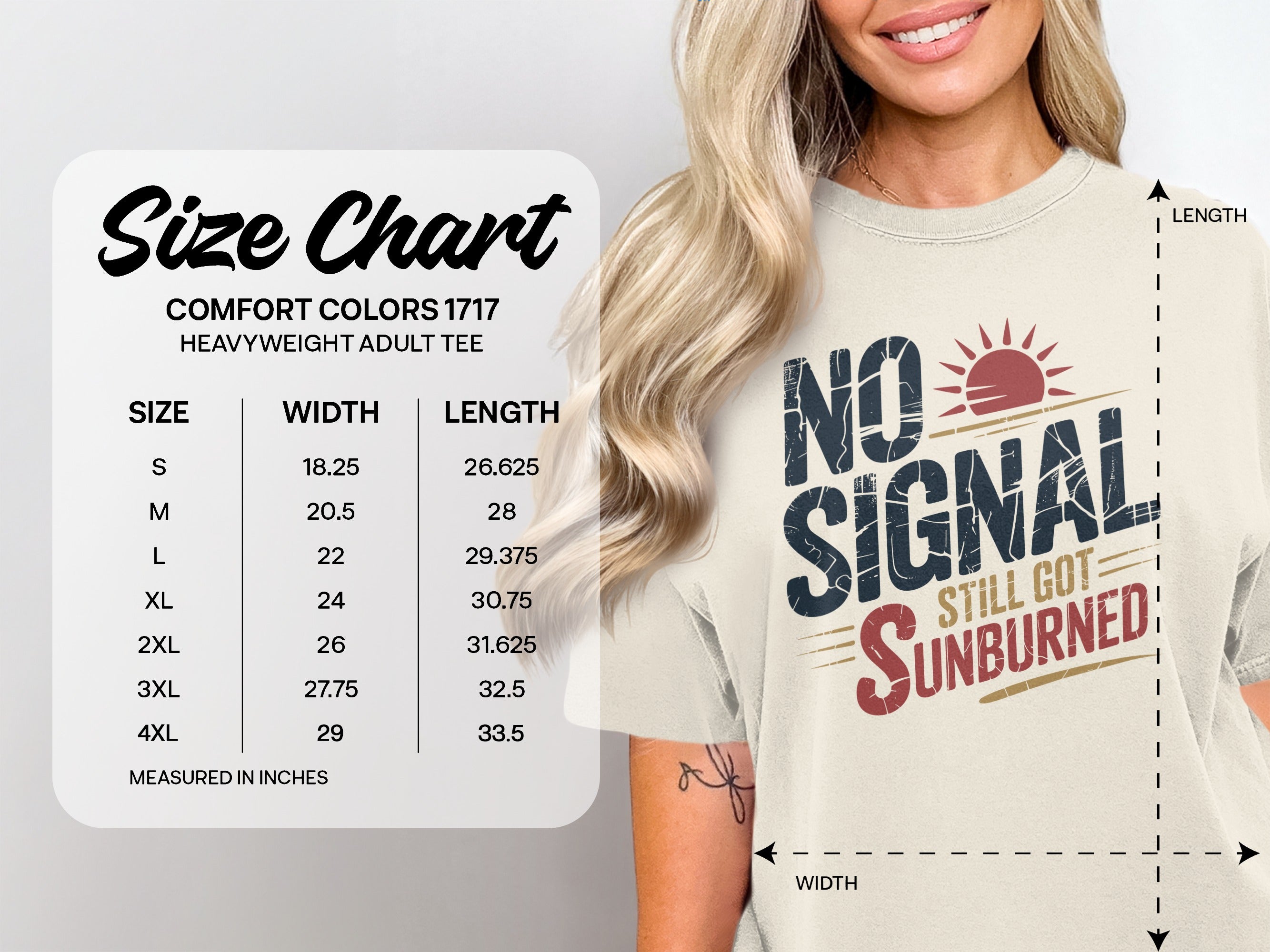 Size chart for Comfort Colors heavyweight adult tee with shirt graphic.