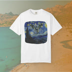 white t-shirt Van Gogh Starry Night-inspired painting with a dragon silhouette made of stars flying across a swirling night sky for dragoncore theme